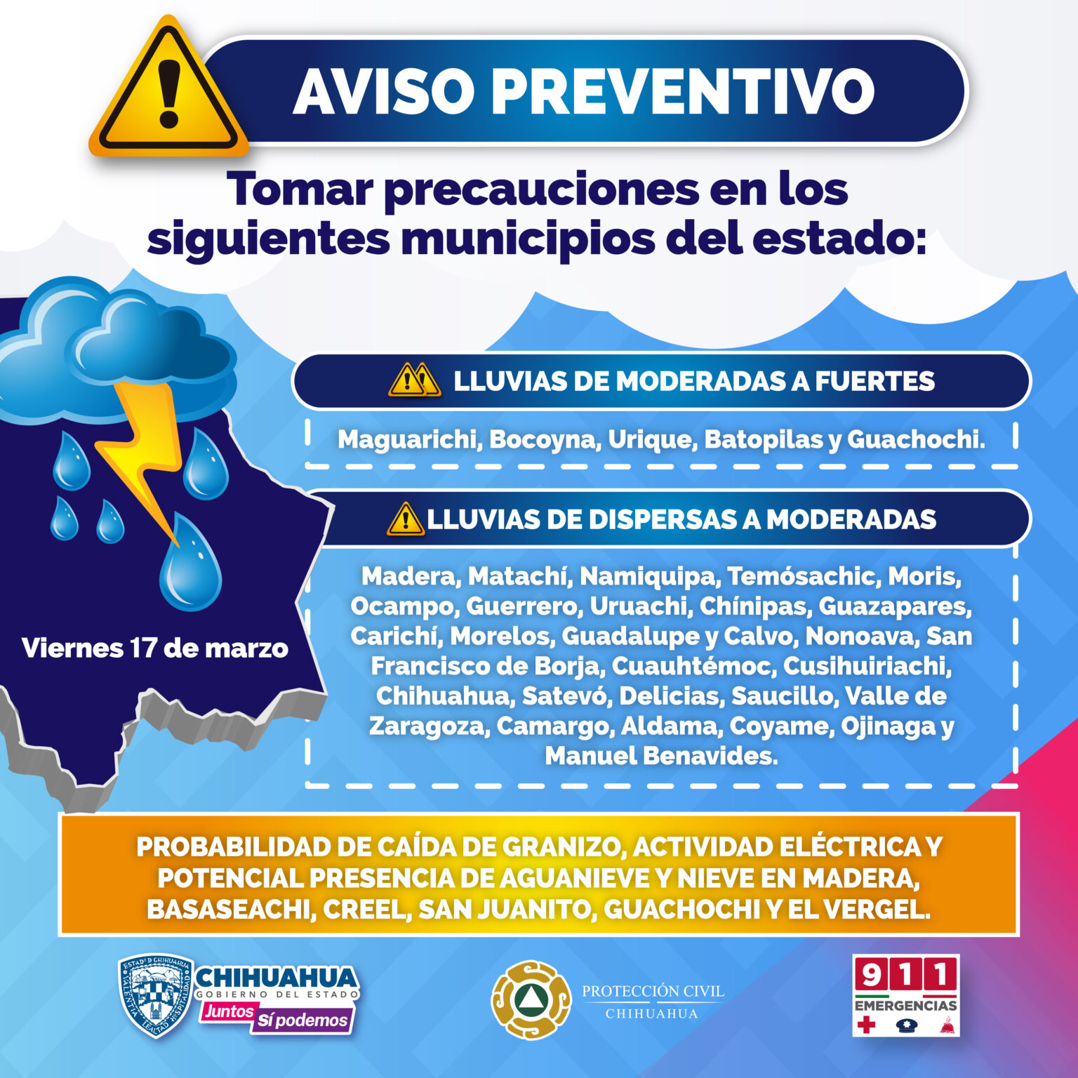 MANTIENE PROTECCIÓN CIVIL ESTATAL ALERTA METEOROLÓGICA POR DÉCIMA TORMENTA INVERNAL