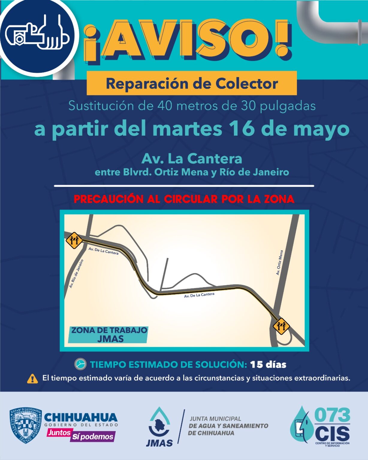 SUSTITUIRÁ JMAS CHIHUAHUA COLECTOR COLAPSADO EN AVENIDA LA CANTERA; REDUCIRÁ CIRCULACIÓN