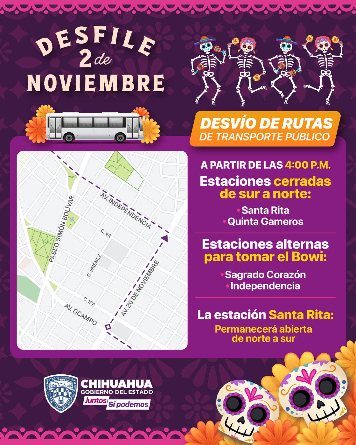 ANUNCIA TRASPORTE CAMBIO DE RUTAS POR DESFILE DEL 2 DE NOVIEMBRE