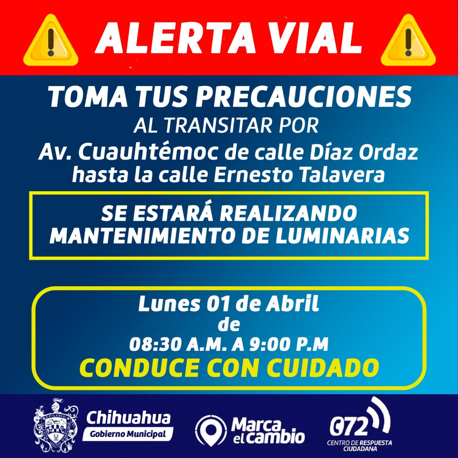 ATENCIÓN: REALIZARÁN MANTENIMIENTO EN ALUMBRADO PÚBLICO DE CALLE CUAUHTÉMOC ESTE LUNES