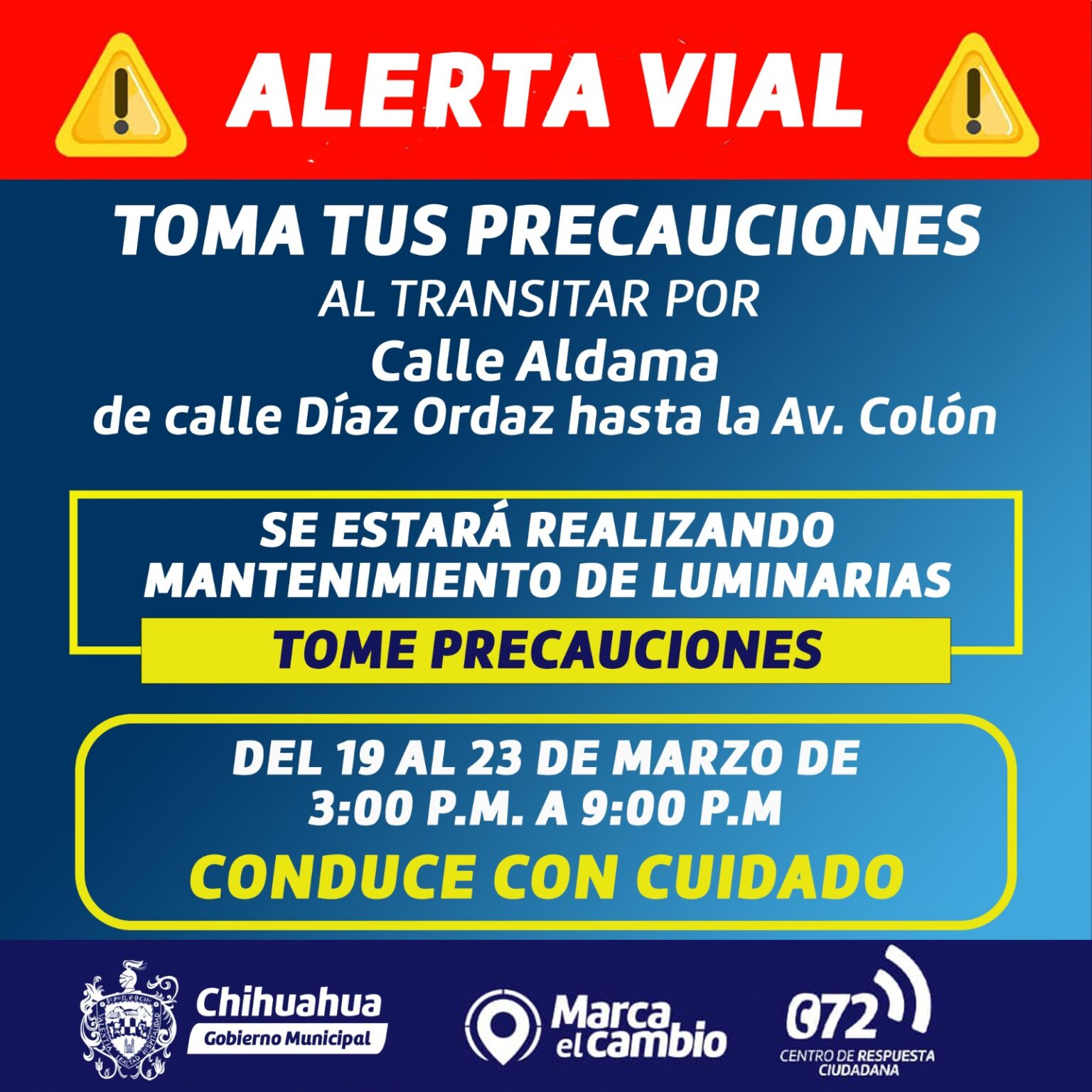 SE LIMITARÁ UN CARRIL EN LA CALLE ALDAMA POR MANTENIMIENTO DE ALUMBRADO PÚBLICO