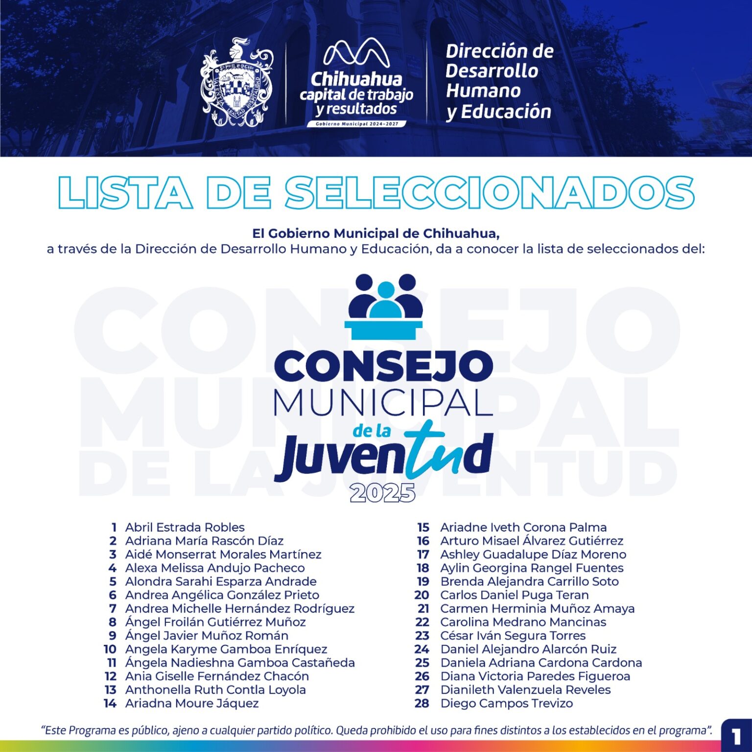 PUBLICAN LISTA DE LOS SELECCIONADOS QUE CONFORMARÁN EL CONSEJO MUNICIPAL DE LA JUVENTUD 2025