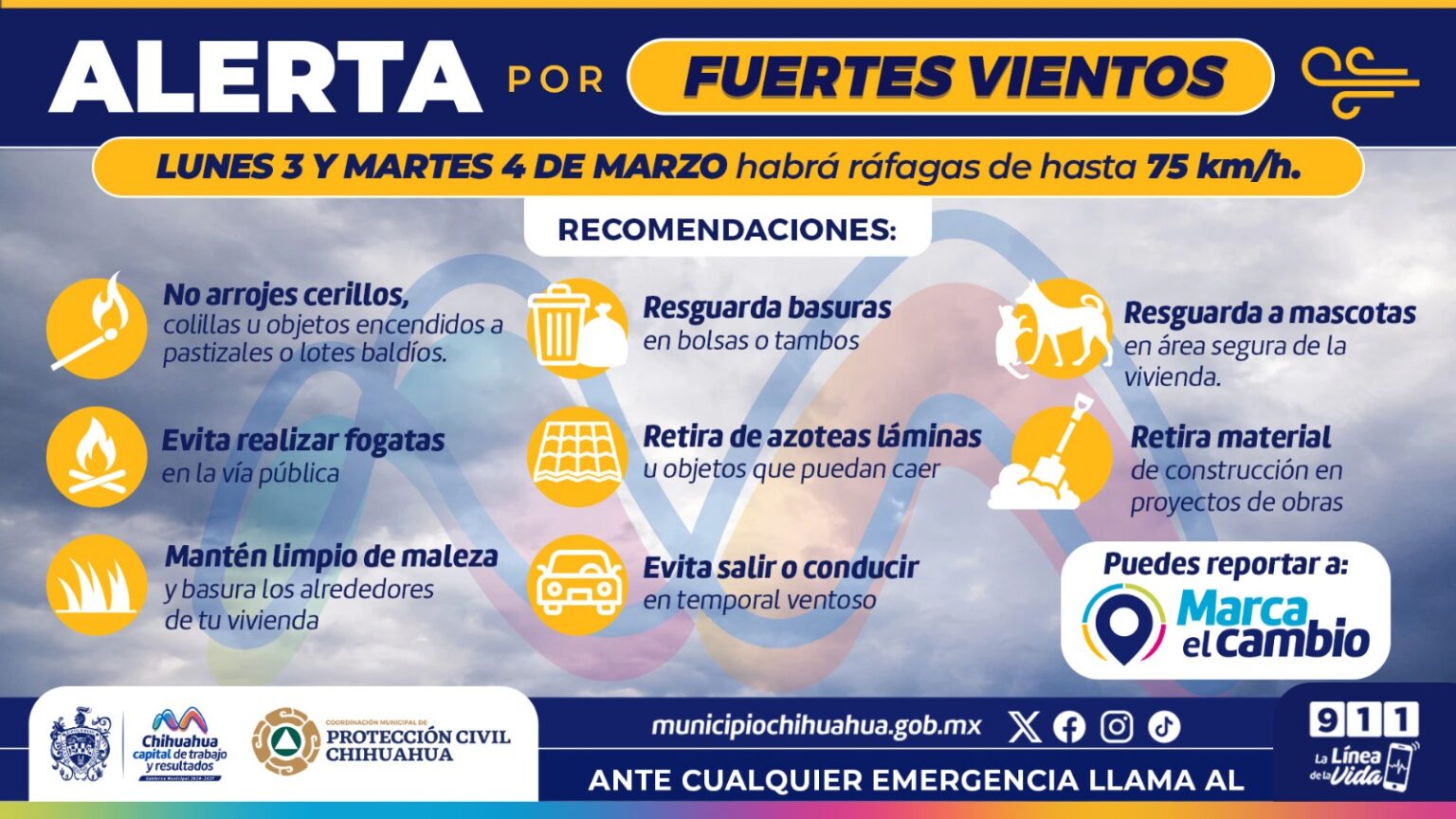 ALERTA MUNICIPIO POR RÁFAGAS DE VIENTOS DE HASTA 75 KILÓMETROS POR HORA PARA ESTE 3 Y 4 DE MARZO