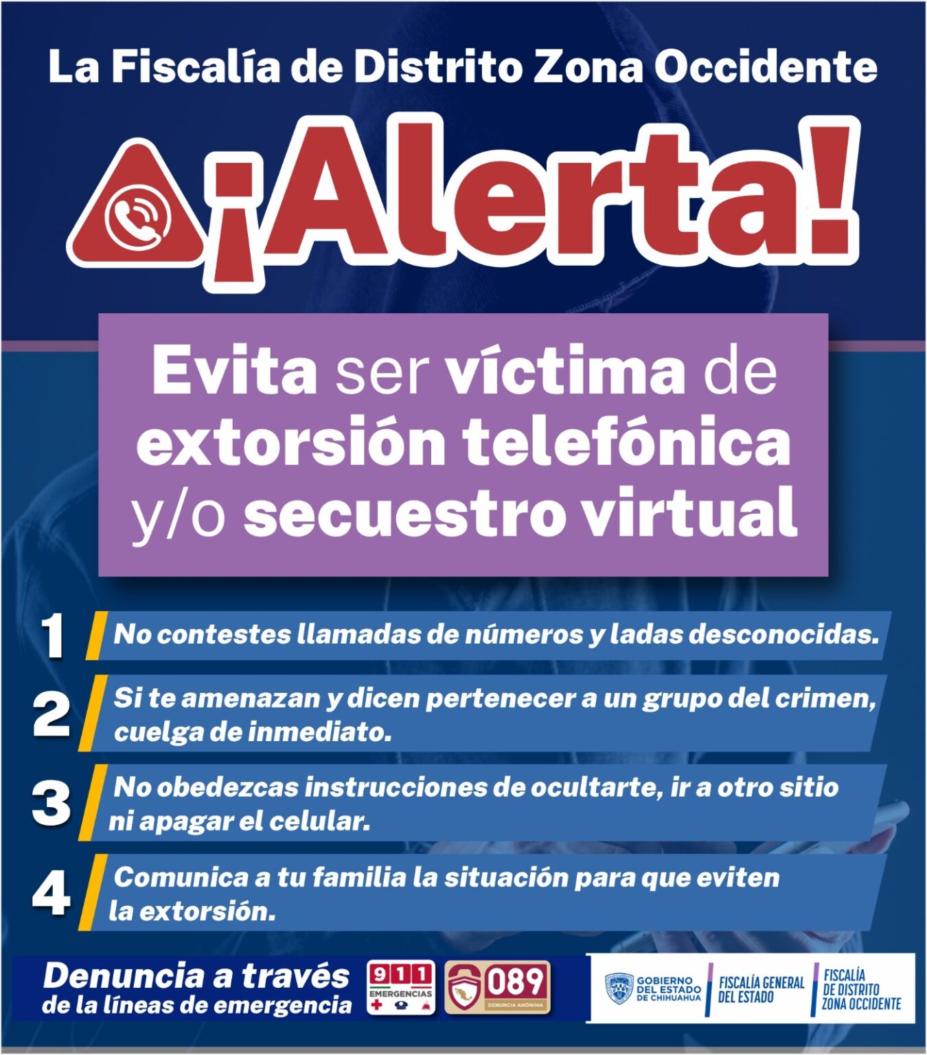 Alerta FGE Occidente para evitar extorsiones y secuestro virtual