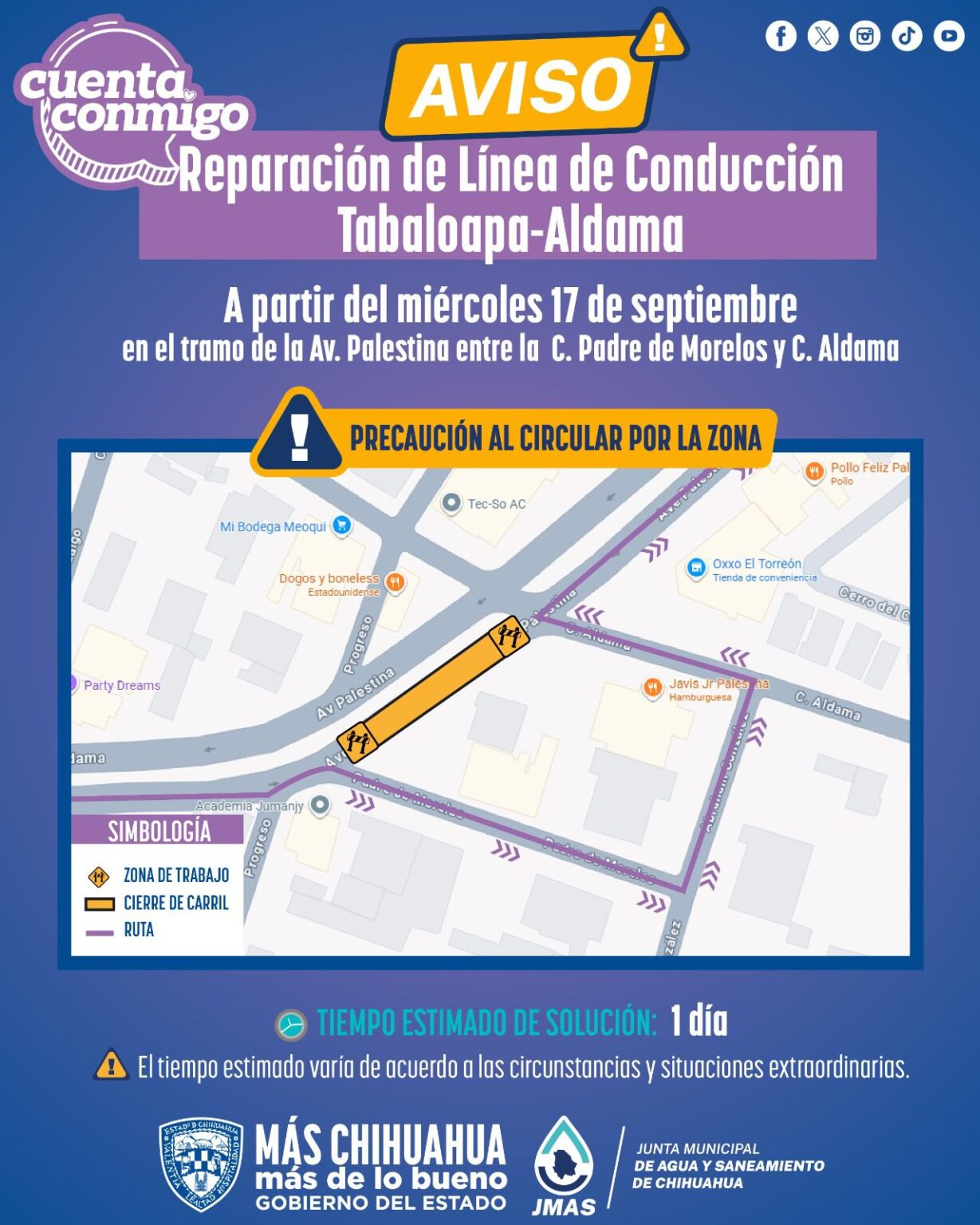 Reparará JMAS Chihuahua conducción Tabalaopa-Aldama este miércoles