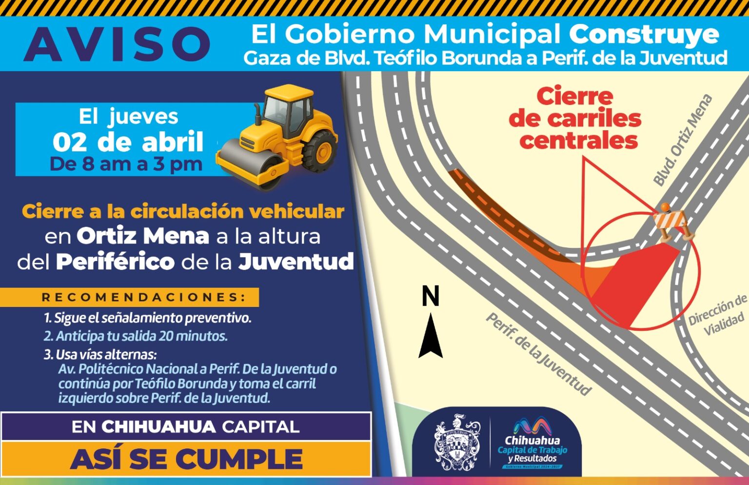 ¡Toma precauciones! Realizará Municipio cierre temporal en boulevard Ortiz Mena por trabajos de infraestructura hidráulica